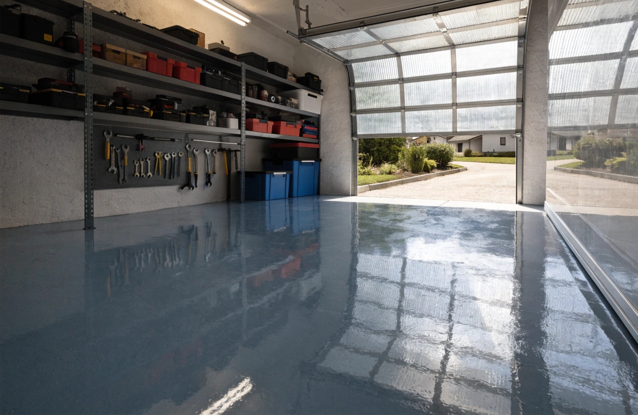Completed solid grey epoxy floor coating in a modern Australian residential garage