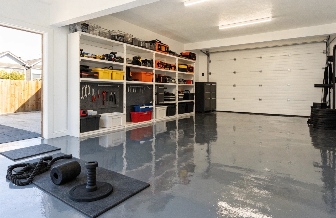 Solid grey epoxy floor coating in a residential home gym and workshop space