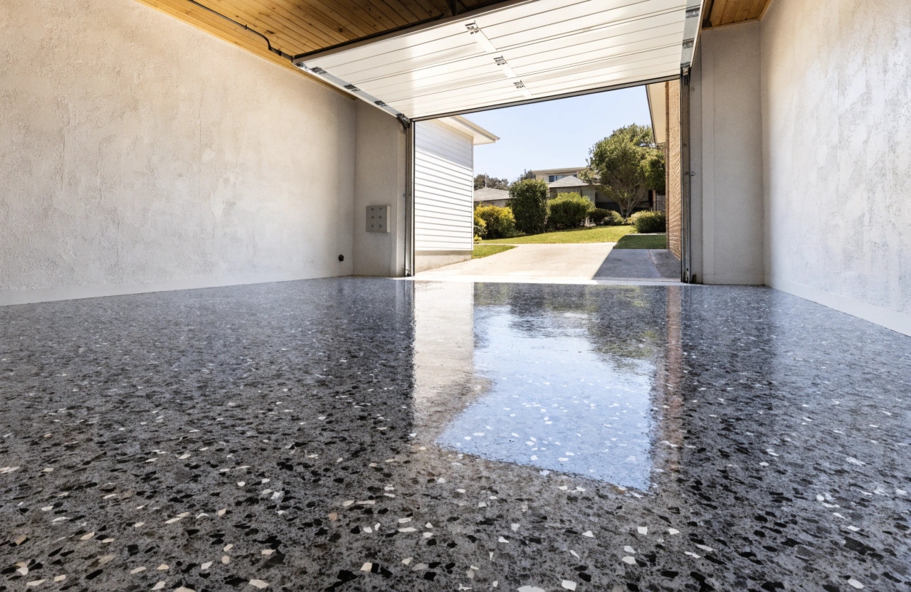 Epoxy garage floor coating with charcoal flake finish in a Kiama Downs residential property